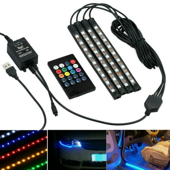LNGOOR 4PCS Car USB RGB 36 LED Strip Lights Interior Atmosphere Neon Lamp + IR Remote