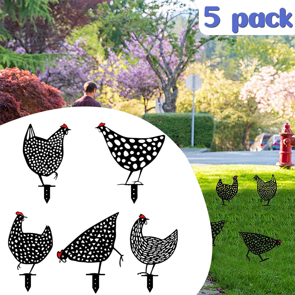 LNGOOR 5 Packs Metal Chicken Yard Art, 13" Garden Decor for Outside, Rooster Silhouette Lawn Decoration