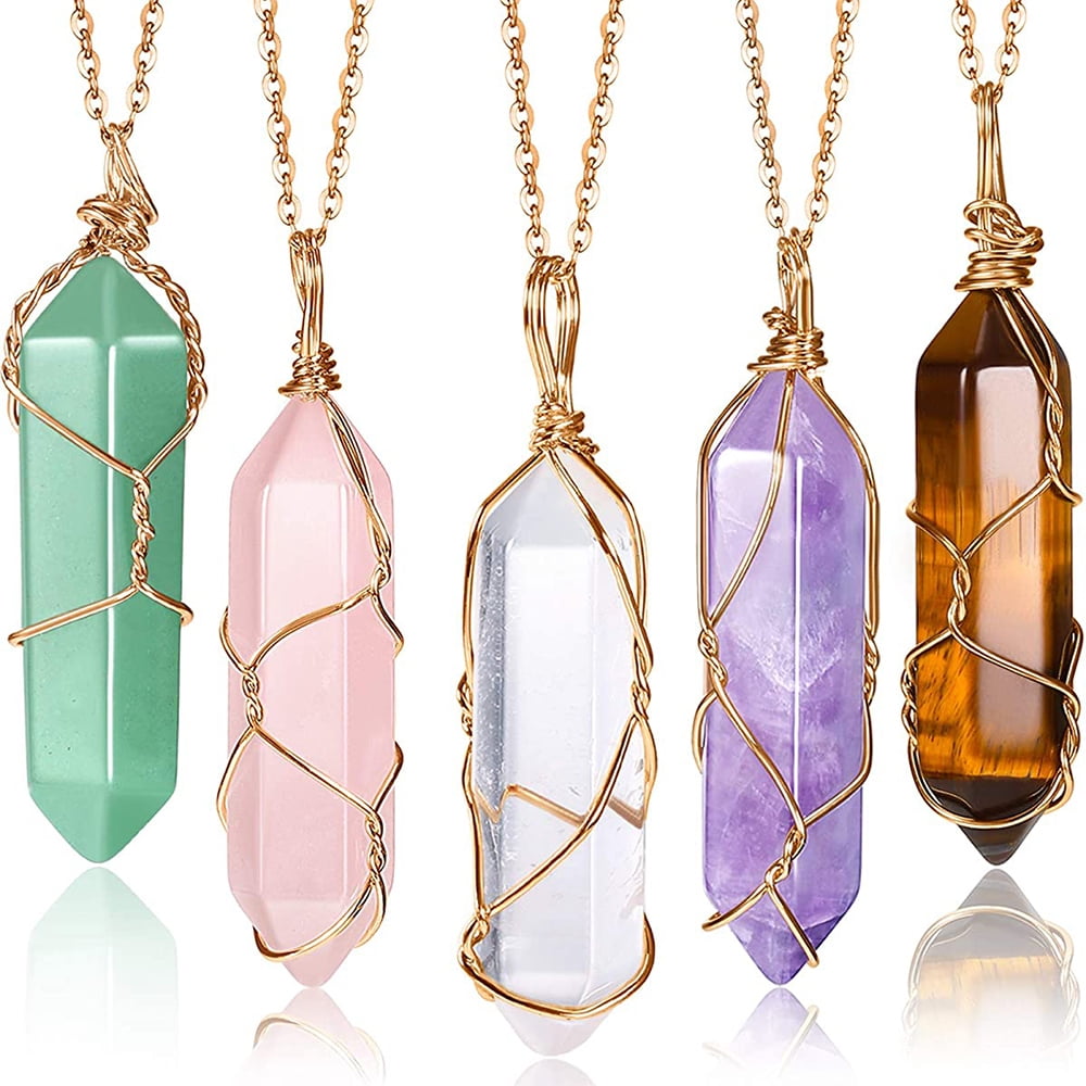 Deago Natural Gemstones Healing Crystal Stone Necklace Wire Wrapped Copper  Chakra Pendant for Men & Women 