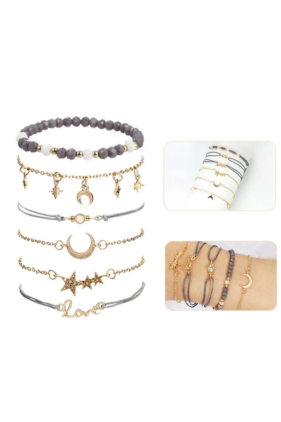6Pcs Adjustable Charm Pendent Stack Bracelets For Women-Beaded Bracelets for Women Girl Friendship Gift Rose Quartz Bracelet Links with Pearl Gold Plated