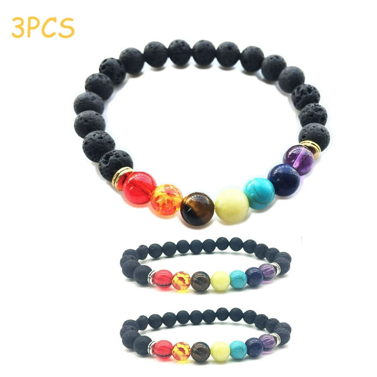 LNGOOR 8mm 3Pcs Lava Stone Bracelet Colorful Chakras Bead