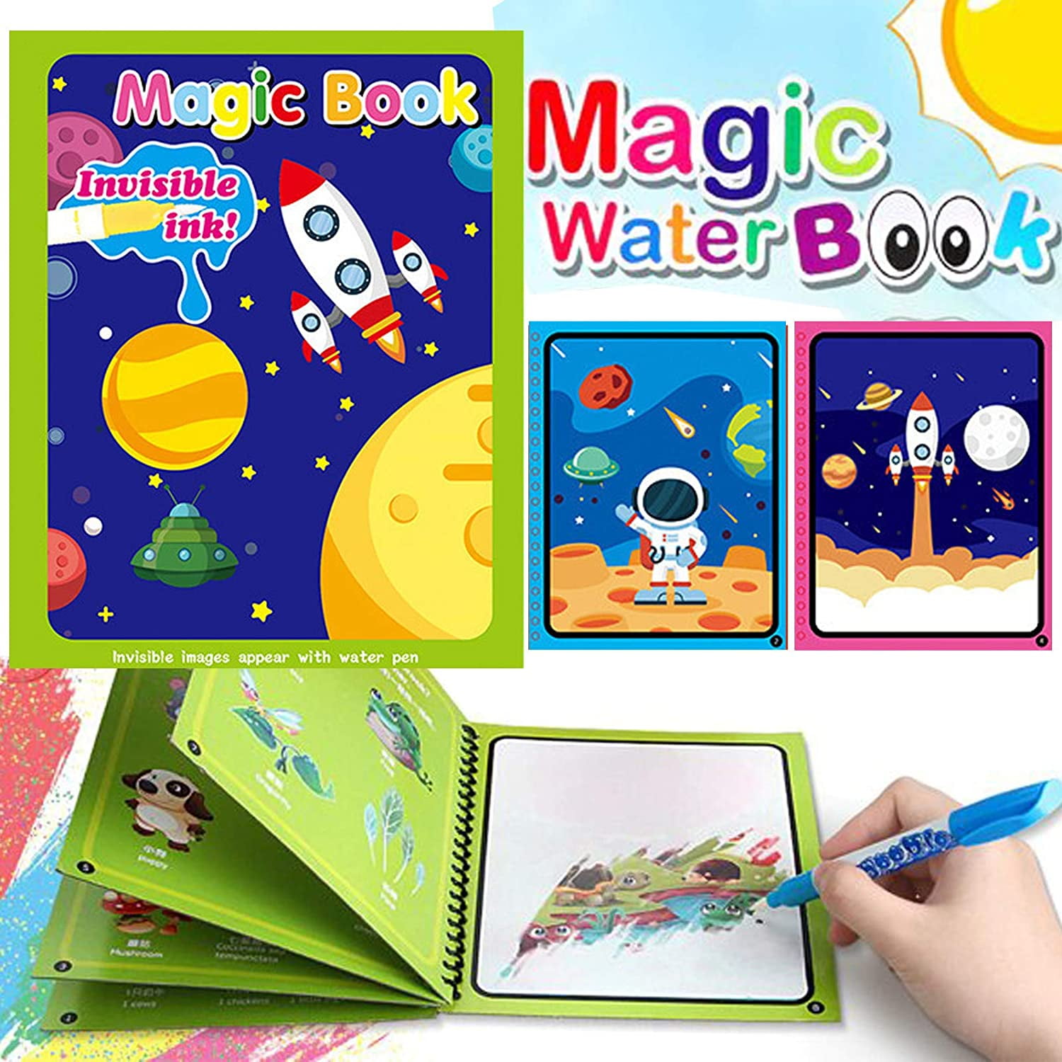 LNGOOR Aqua Water Magic Books Reusable Water Doodle Coloring Books, Painting Educational Toy, Gift for Toddlers Age 3+ Girls and Boys(Wonderful Universe)