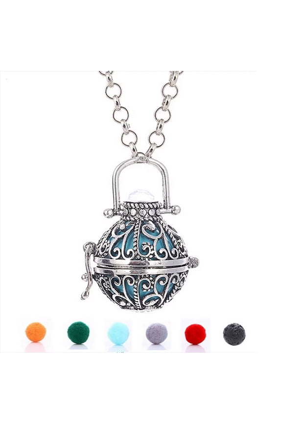 Aromatherapy Essential Oil Diffuser Necklace and Hollow Ball Locket Pendant Necklace with Lava Bead Stone for Women