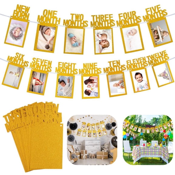 LNGOOR Baby Photo Banner, 1st Birthday Baby Photo Banner for Newborn to 12 Months, Monthly Milestone Photograph Bunting Garland, First Birthday Celebration Decoration (Gold)