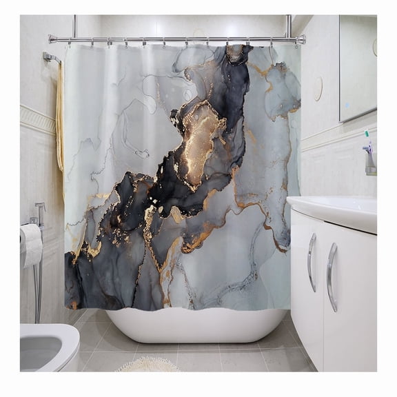 LNGOOR Black Luxury Abstract Fabric Shower Curtain with 12 Hooks ,Modern Blue and Gold Marble Art Painting Bathroom Shower Curtain Sets Ink Texture Waterproof Shower Curtain, 71*71inches