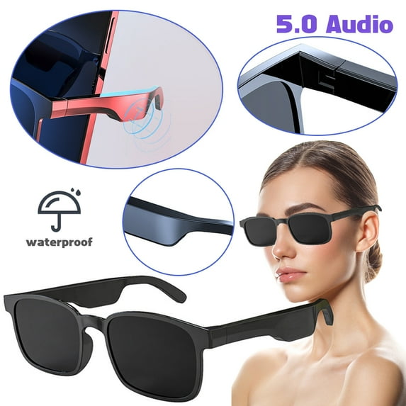 LNGOOR Bluetooth Sunglasses Wireless Smart Glasses Waterproof Open Ear Audio Headphones with Stereo Speaker for Outdoor Sports (Black)