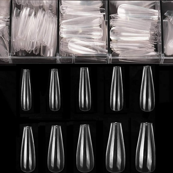 LNGOOR Coffin Nails Long Fake Nails - Clear Acrylic Nails Coffin Shaped Ballerina Nails Tips 500pcs Full Cover False Nail Artificial Nails with Case for Nail Salons and DIY Nail Art, 10 Sizes
