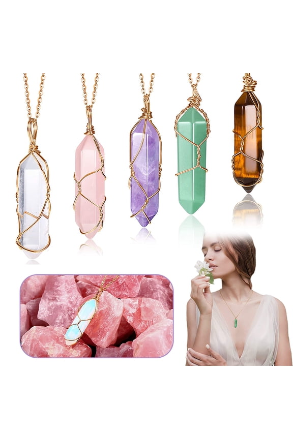 Crystal Necklaces Healing Stones Spiritual Pendant Natural Gemstone Jewelry with Adjustable Chain, 5 Pack