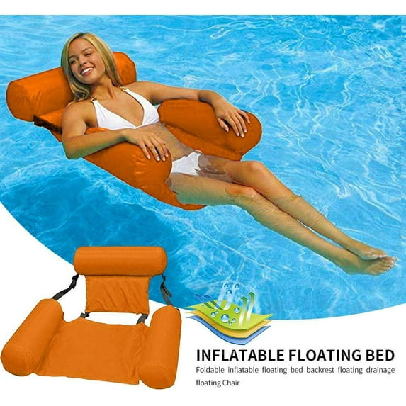 LNGOOR Foldable Backrest Inflatable Floating Bed Foldable Floating Row Water Amusement Lounge Chair Water Inflatable Floating Bed Sofa Water Bed Lounge Chairs,Orange