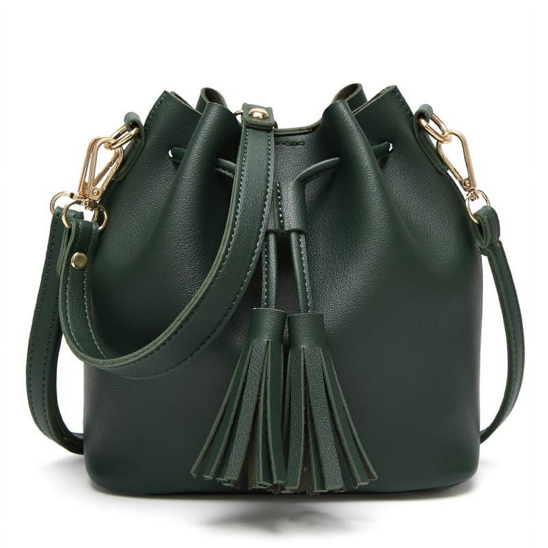Lngoor Women's Handbags Shoulder Bags Leather Drawstring Long Strap Shoulder Purses Bags (Green), Size: 7.9
