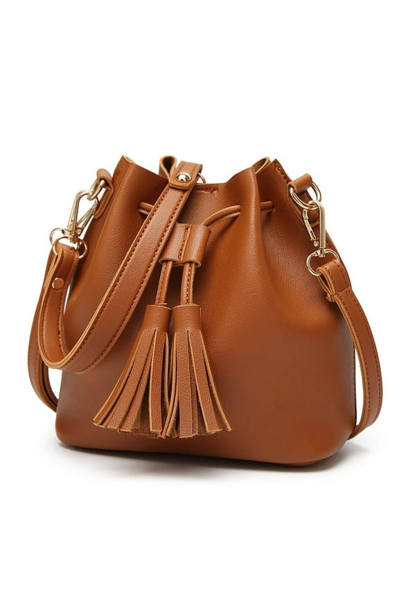 Leather Women Drawstring Shoulder Bag Sling Bucket Messenger Crossbody Tote,Brown