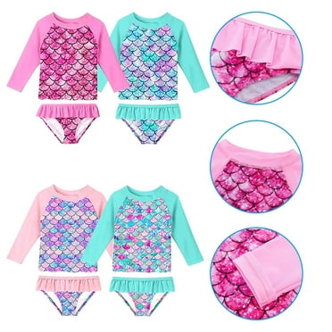 LNGOOR Little Girls 2-Piece Swimsuit Set Long Sleeve Rash Guard Bathing Suit with UPF 50+ Sun Protection Girls, Long Sleeve Printed Rashguard and Swim Bottoms, Sizes 4-16 & Girls Plus
