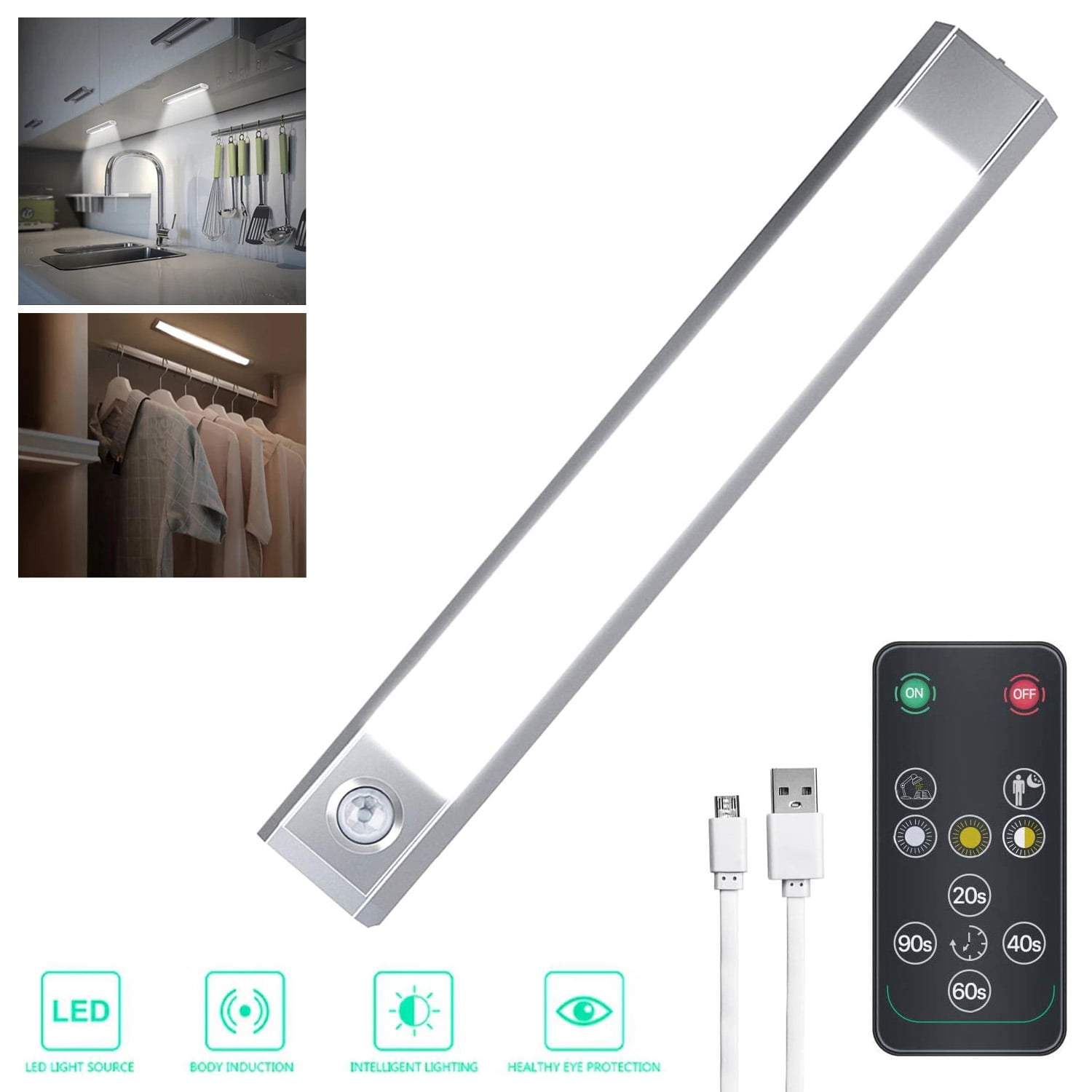 LNGOOR Motion Sensor LED Closet Light , Cordless Under Cabinet Motion Sensor Light, Wireless Stick-on Anywhere Rechargeable Lights, 3-Mode Dimmable Night Light for Closet Hallway Stairway