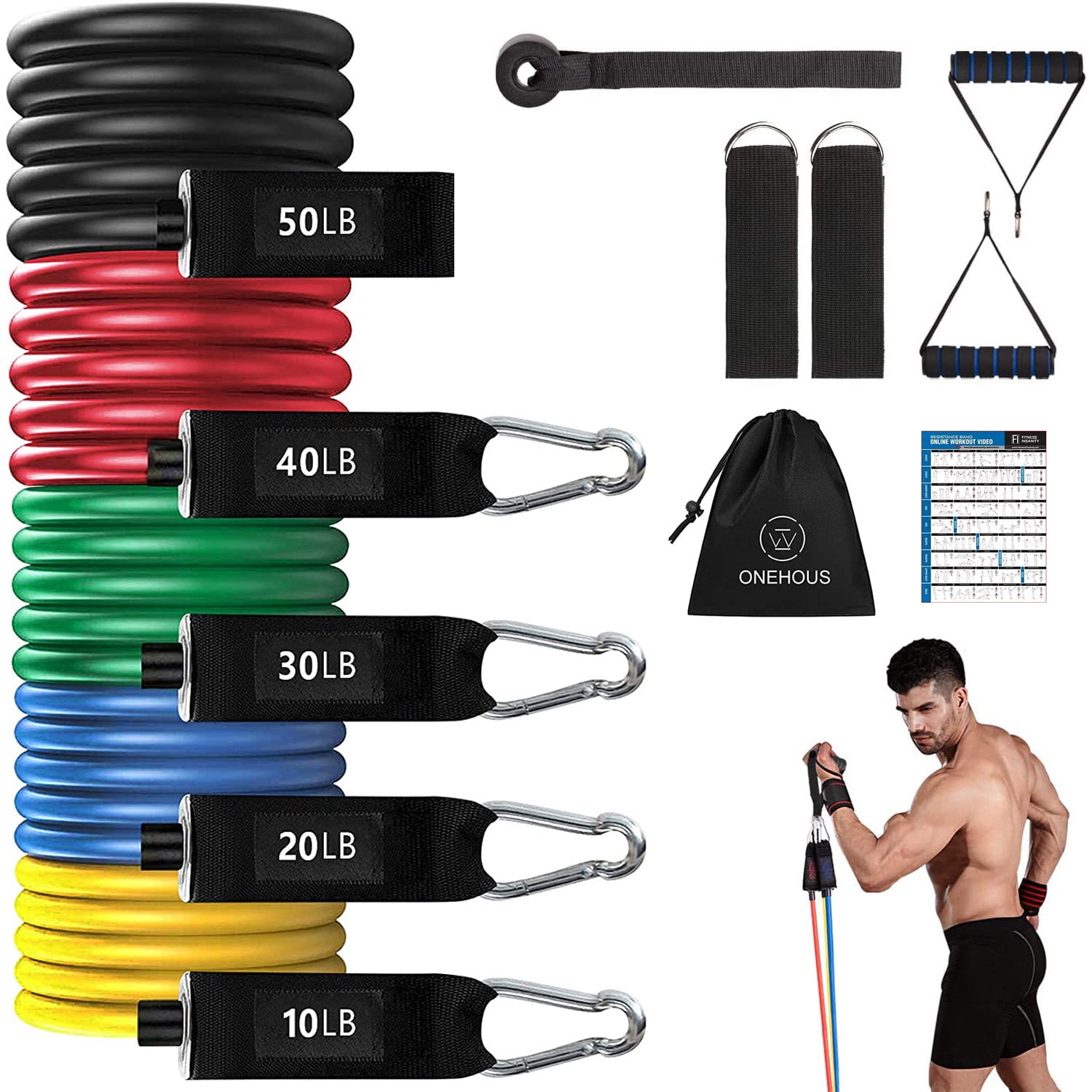 LNGOOR Resistance Bands Set - 11Pcs Elastic Workout Exercise Bands Stackable up to 150lb with Handles, Door Anchor, Ankle Straps for Yoga, Pilates, Slim, Crossfit Home Gym Equipment for Men/Women