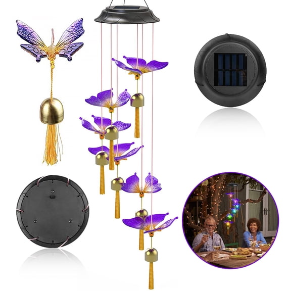 LNGOOR Solar Butterfly Wind Chimes, Color Changing Solar Wind Chimes, Outdoor Waterproof Butterfly LED Solar Lights, Birthday Party Garden Garden Hanging Decoration