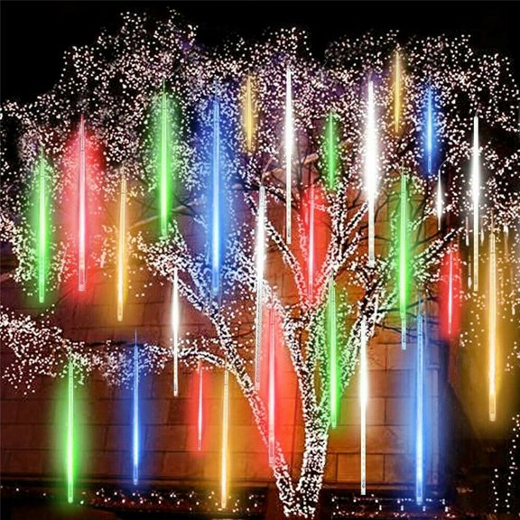 LNGOOR Solar Meteor Shower Rain Lights,10 Tube 360 LEDs Outdoor Christmas String Light,Waterproof Snow Falling Raindrop Icicle Cascading Decoration Lights for Party Garden Home(Multi Color)