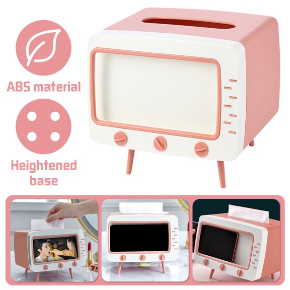 LNGOOR Tissue Box Multi-function Television Pattern Roll Paper Storage Container Phone Holder Pink