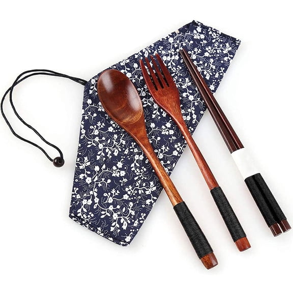 LNGOOR Wooden Cutlery Set Portable Eco Friendly Reusable Flatware Utensils Set Fork + Spoon + Chopsticks w/Pouch for Camping Office Lunch