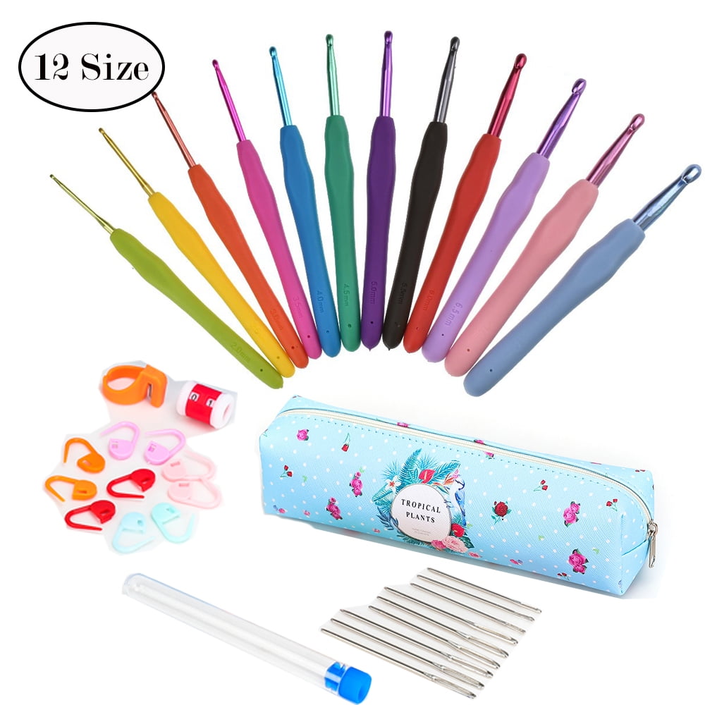 LNKOO 12 Sizes Crochet Hooks Set, Coloured Aluminum Ergonomic Handle Crochet, Hook Needles for Arthritic Hands, with Stitch Markers and Large-Eye Blunt Needles