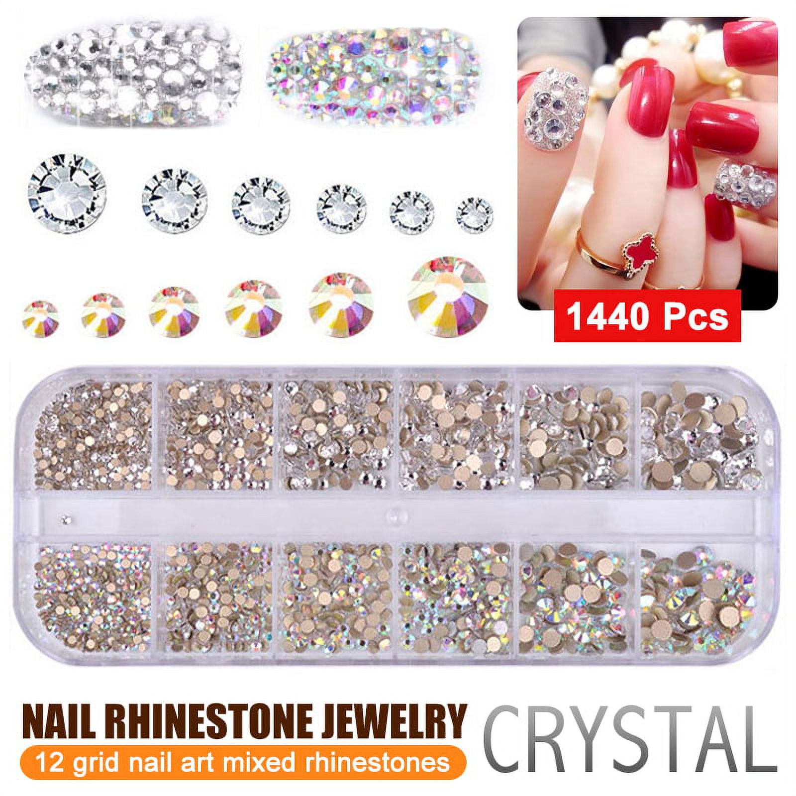 Lnkoo 1440 Pieces Rhinestone Clear AB Black and Red Flatback Crystals 6 Sizes 12 Colored Iron on Rhinestones Glass Stones in Storage Box for Nails