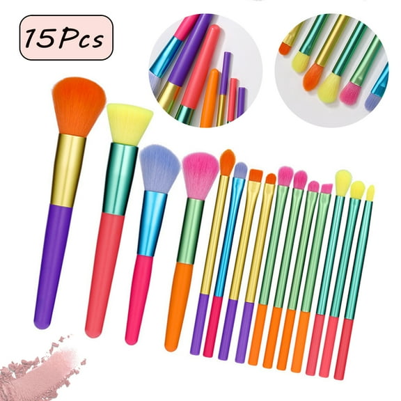 LNKOO 15 Pcs Makeup Brushes, Colourful Makeup Brush Set Premium Synthetic Kabuki Foundation Blending Face Powder Blush Concealers Eyeshadow Rainbow Make Up Brush Set