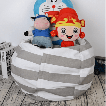 LNKOO 18" Stuffed Animal Kid Bean Bag Chair,Stripe Cotton Premium Canvas Toy Organizer Storage Solution for Plush Toys,Towels & Clothes-Gray