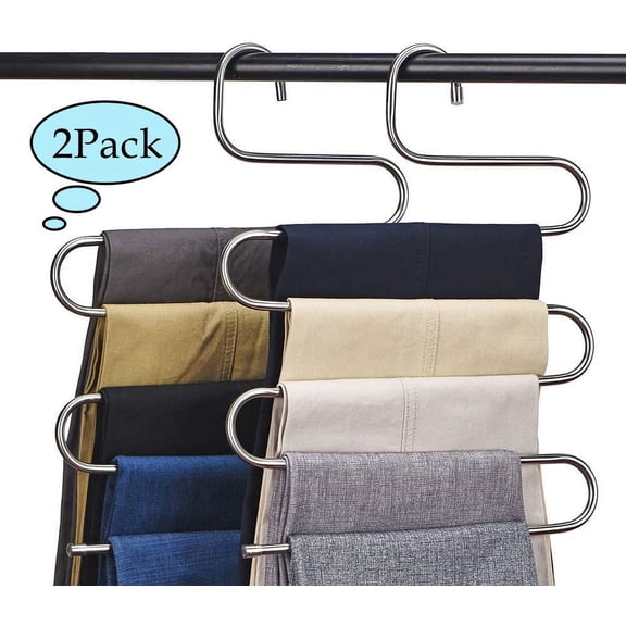 LNKOO 2 Pack S Shaped Hanger Space Saving Non Slip Clothes Hanger Space Saving for Jeans Trousers Slacks Leggings -Silver