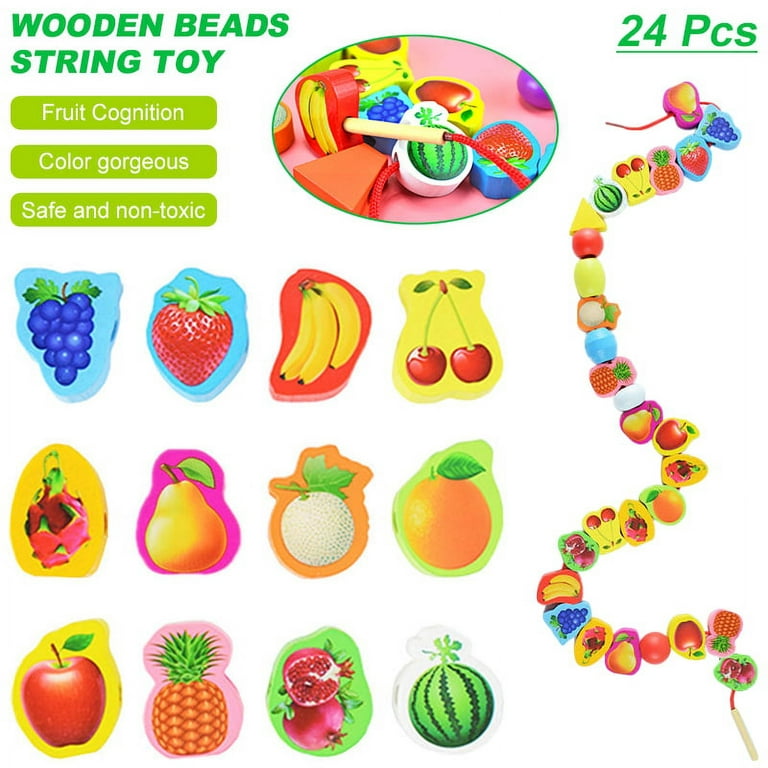 Lnkoo Preschool Fruits Lacing Beads for Kids - 24 Pcs Stringing Beads with 1 Strings Toddler Crafts with Travel Tote - Montessori Toys for Toddlers