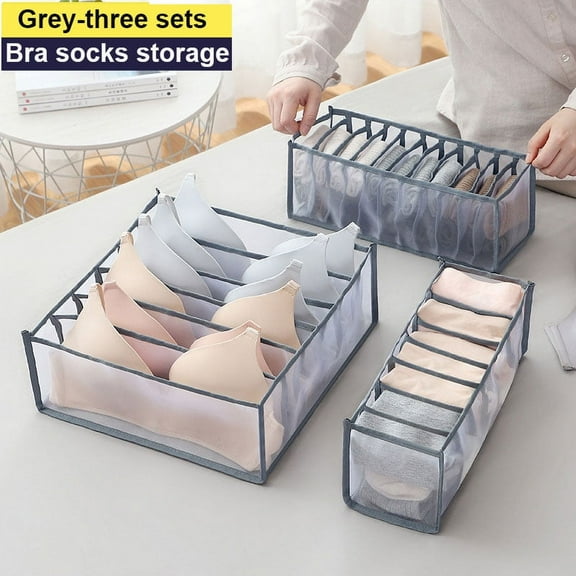 LNKOO 3 Pack Closet Socks Organizer Drawer Divider, 24 Cell Collapsible Closet Cabinet Organizer Underwear Storage Boxes for Storing Socks, Lingerie, Underwear (Gray)