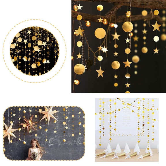 LNKOO 3Pcs Gold Party Decoration Circle Dot Star Garland Banner Bright Paper Streamer Hanging Decorations Glitter Star Bunting Banner Backdrop for Engagement Wedding Baby Shower Christmas Birthday