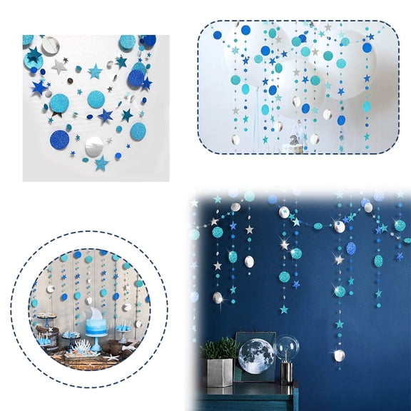 LNKOO 3Pcs Twinkle Dot Star Garland Ramadan Hanging Stars Circle Streamer Banner Backdrop Background for Wedding Birthday Bray Bachelorette Party Decorations New Year EID Graduation Decor-Blue/Gold