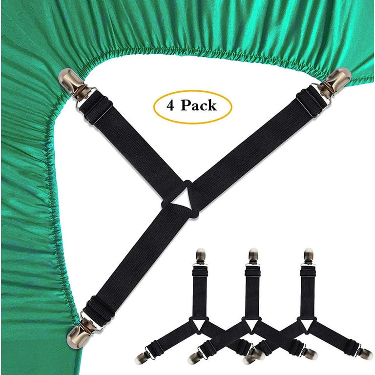 LNKOO 4 PCS Bed Sheet Holder Straps,Triangle Elastic Mattress Corner Clips,  3 Way Fitted Bed Sheet Fastener Suspenders Grippers Heavy Duty for Bedding