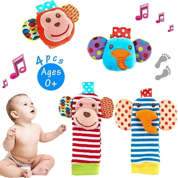 LNKOO 4 Pack Baby Socks Toys, Baby Feet and Fingers Socks Set, Design with Monkey and Elephant Organic Cotton Socks for Infant and Toddler