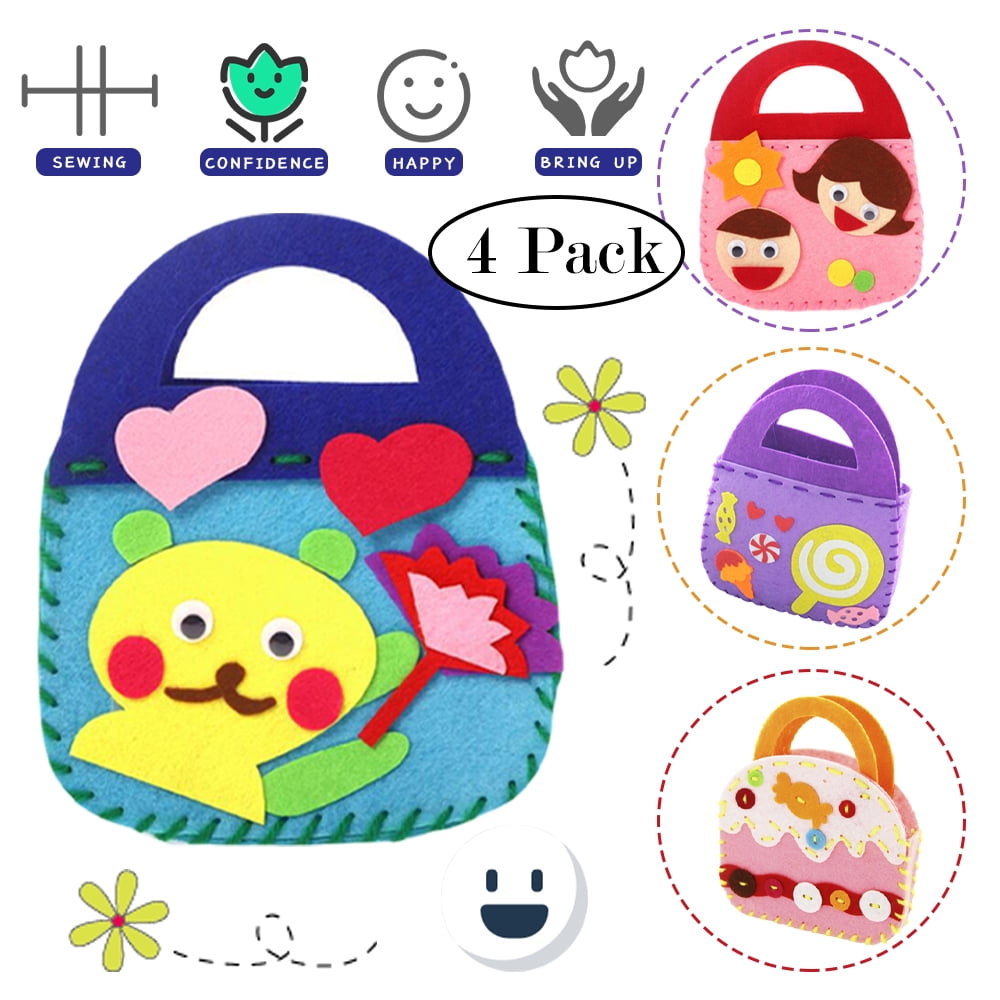 LNKOO 4 Pack Kids Sewing Kits for Beginners（Handbag）- Fun DIY Kids Craft  and Sew Kits for Girls and Boys Set,Preschool Educational Toys- DIY Art  Craft Hand Stitch Play Set 