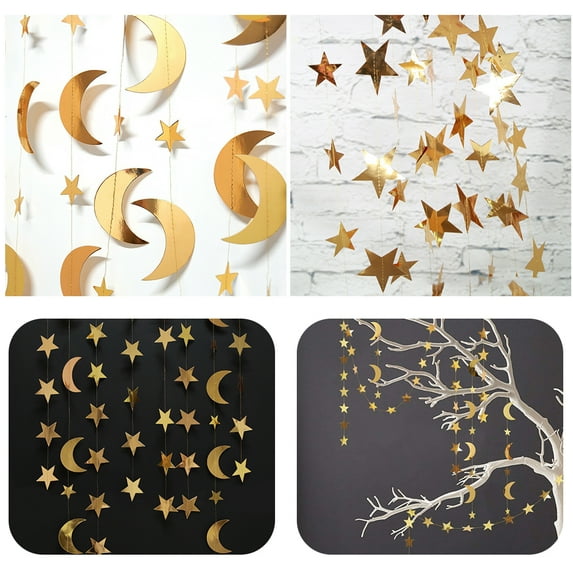 LNKOO 4 Pcs 13Ft Gold Star Garlands Moon Decorations Hanging Paper Garland Star Birthday Party Supplies Anniversary Engagement Wedding Baby Shower Christmas Graduation New Year Ramadan EID