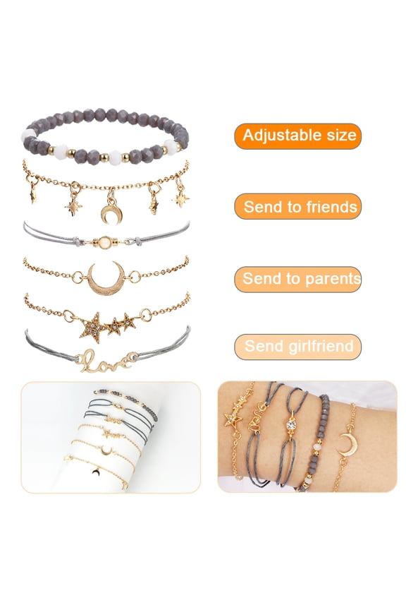 5/6Pcs Adjustable Charm Pendent Stack Bracelets For Women-Beaded Bracelets for Women Girl Friendship Gift Rose Quartz Bracelet Links with Pearl Gold Plated