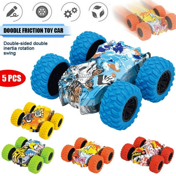 LNKOO 5 Pack Pull Back Toys Car Friction Powered Vehicle Double-sided Stunt Flip Inertia Toy Car Graffiti Four-Wheel Drive For Toddler Infant Kids Boys Girls Birthday Party Gift
