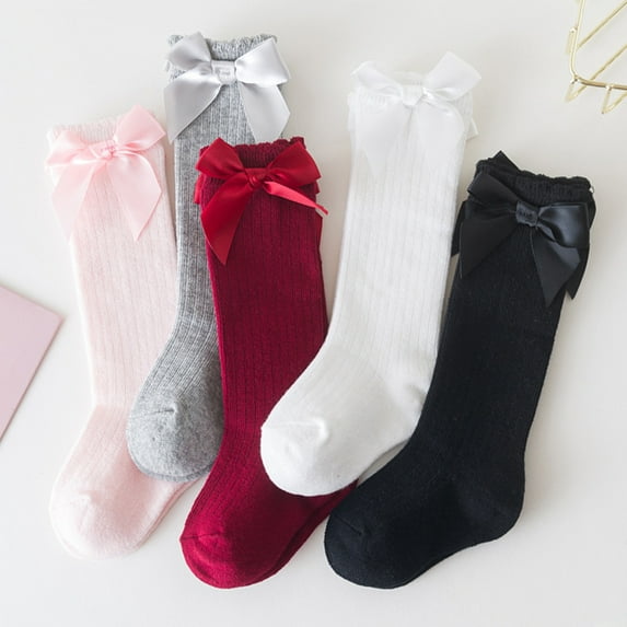LNKOO 5 Pairs Baby Girl Knee-High Socks Toddlers Bow Stockings Newborn Infant Non-Slip Sock