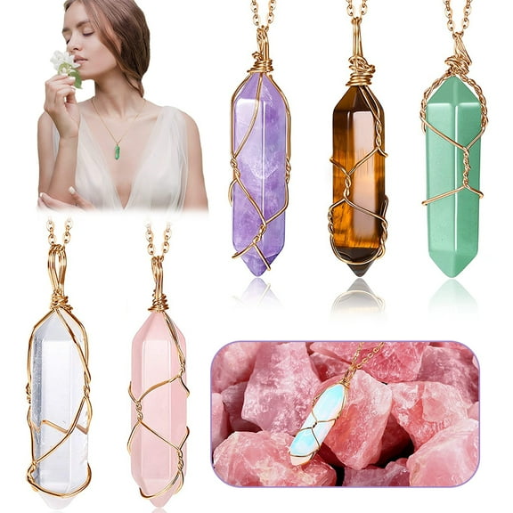 LNKOO 5 Pieces Healing Crystal Necklace for Women Men Energy Healing Crystal Pendant Gemstones Jewelry Pendulum Crystal Divination