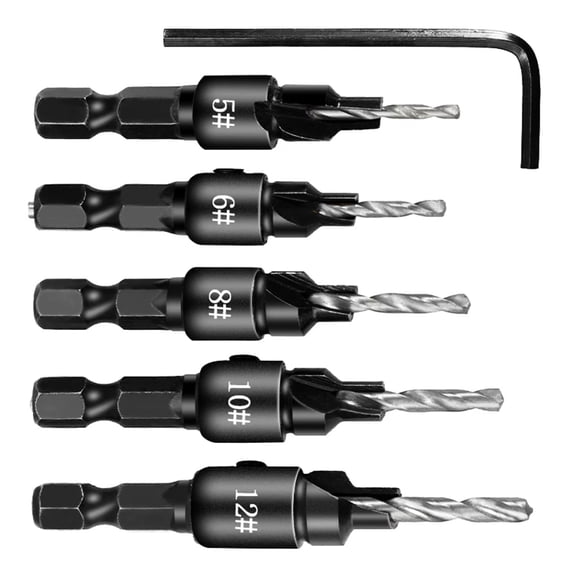 LNKOO 5PCS Woodworking Countersink Drill Bit Set Hole Cutter Chamfering and Drilling Integrated High-Speed Steel Countersinking Drill Bit Hex Key Wrench 5 6 8 10 12