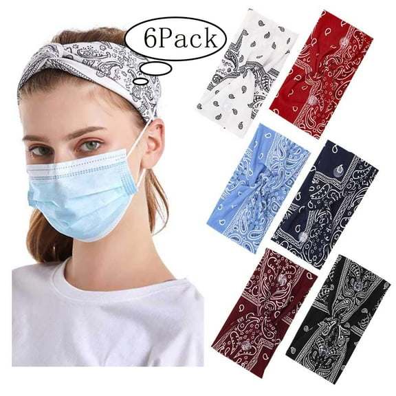 LNKOO 6 Pack Headbands with Buttons for Face Mask Elastic Knotted Headbands for Women Non Slip Ear Protection Holder Spa Yoga Stretchy Turban Hair Band (Multicolor)