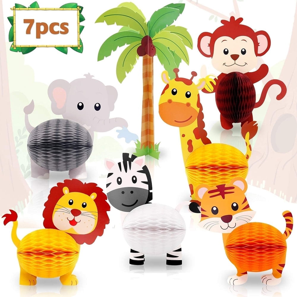 LNKOO 7 Pieces Jungle Animals Centerpieces Wild Animals Honeycomb Party Supplies 3D Jungle Themed Birthday Decorations Animal Cutouts for Baby Shower Wedding Theme Party