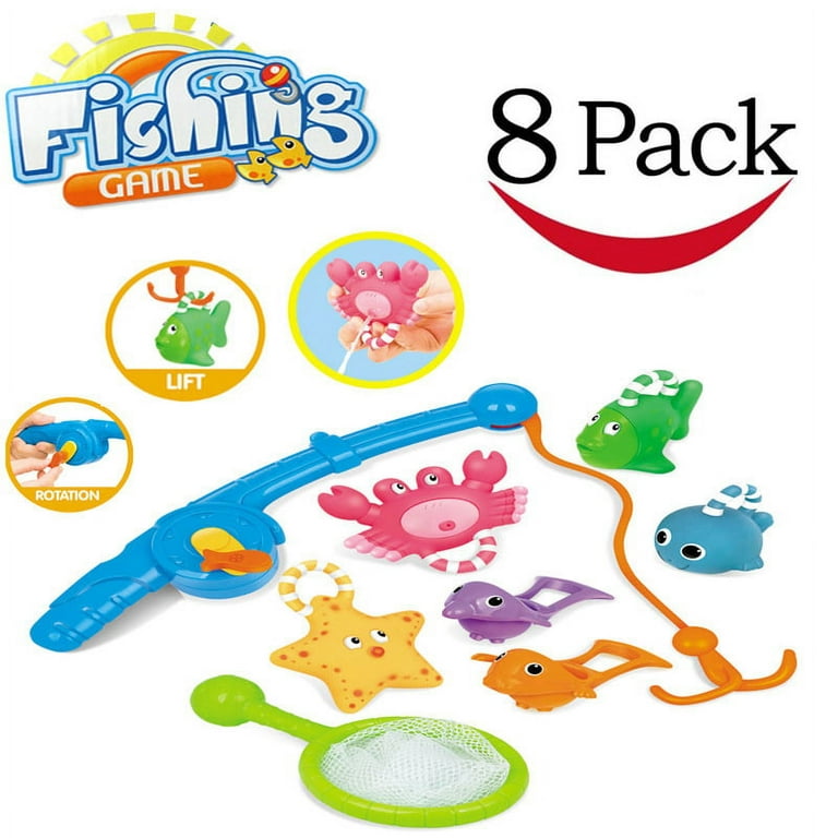 Lnkoo 8 Pcs Bath Fishing Game Toys for Baby and Toddlers - Fun Bathtime Squirting Floating Fishing Toys with Pole and Net for Kids Interactive Fishing