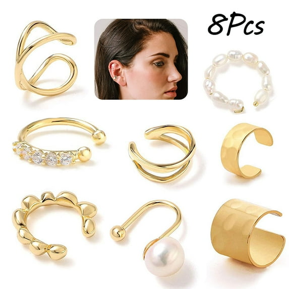 LNKOO 8 Pcs Ear Cuffs for Non-Pierced Ears Gold Ear Cuff Earrings for Women Cartilage Hoop Clip On Hypoallergenic Huggie Earrings Fake Nose Ring Jewelry Gifts