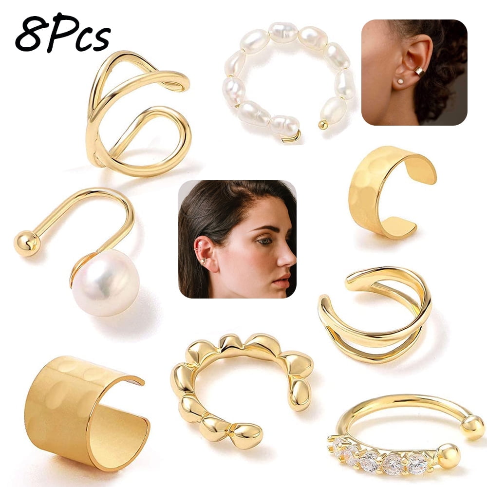 LINKOO LNKOO 8 Pcs Sparkling Ear Cuff pack Gold Dainty Helix Earrings Huggie Stud Cuff Earrings for women Earring Set | Clip On Cartilage non pierced-Jewelry Gifts