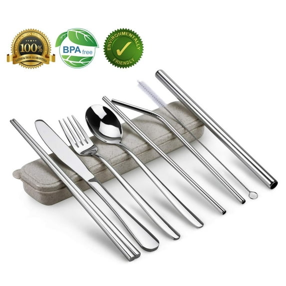 LNKOO 8Pcs Stainless Steel Travel Flatware Sets Portable Camping Cutlery Set, Healthy & Eco-Friendly Flatware Set with Carrying Case for Travel or Camping-Silver