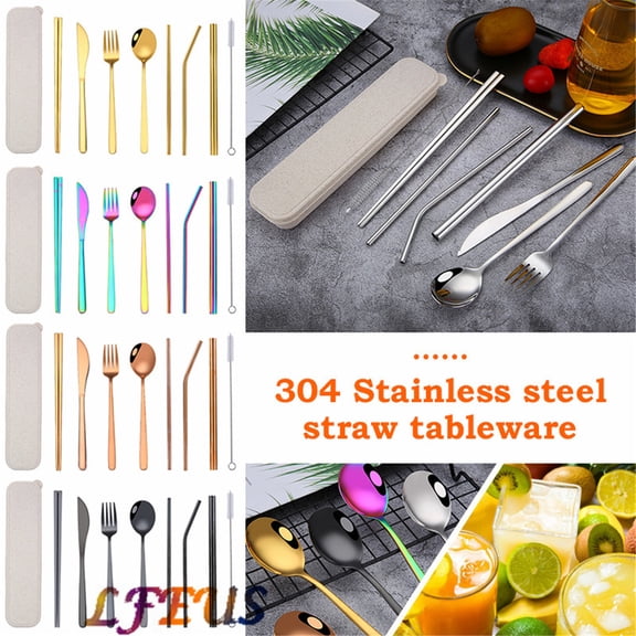 LNKOO 8 Pcs Portable Cutlery Set Flatware Set Eco Friendly Travel Cutlery Stainless Steel Utensils for Camping Car or Office & School Cafeteria Reusable Cutlery Set