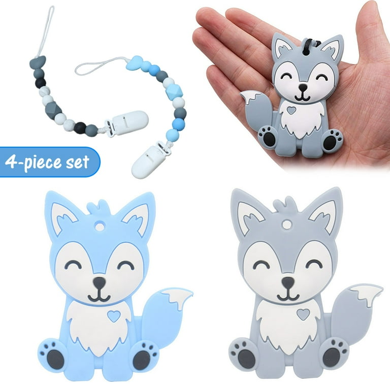LNKOO BPA Free 2 Silicone Fox Baby Teether Toy with Pacifier Clip for 3 Months Above Infant Sore Gums Pain Relief and Baby Shower Set of 2 Different