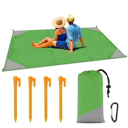 LNKOO Sandfree Beach Blanket 79" x 55" Extra Large, Soft Pocket Picnic Blanket, Waterproof Outdoor Family Mat with 4 Stakes& 1 Carabiner for Beach, Camping, Hiking, Music Festival, Machine Washable