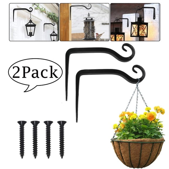 LNKOO Durable Forged Wrought Iron Wall Mountable 5.76 Inch Bracket with Curved Hook for Planters Lanterns and Bird Feeders 2 Pack, Black